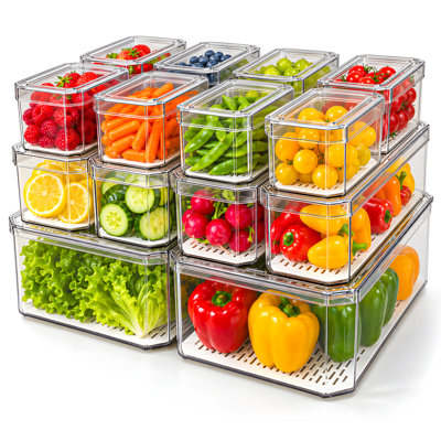 14-Piece Clear Fridge Organizer Bin Set with Lids, Stackable BPA-Free PET Refrigerator Storage Containers with Drainage Trays, 3 Sizes