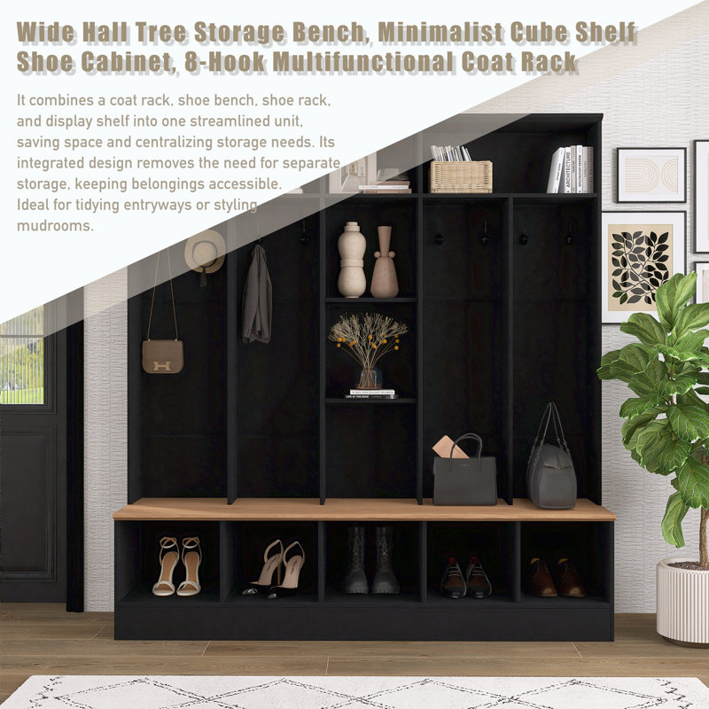 Large banc de rangement pour arbre d'entrée, armoire à chaussures minimaliste à cubes et porte-manteau fonctionnel Mul, Noir