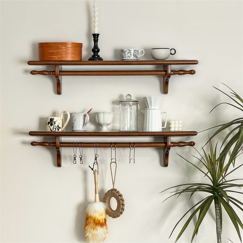 French Retro Kitchen Shelf With Hooks | Solid Cherry Wood Wall Mounted Display Board, 6.69" H x 31.49" W x 6.49" D