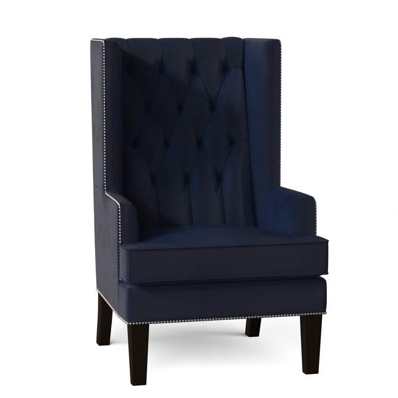 Fauteuil à oreilles capitonné de 30 po de largeur Searle, Velours bleu, Noyer