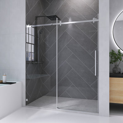 56" To 60" W X 72" H Frameless Single Sliding Shower Door With 1/4" (6Mm) Thick Tempered Clear Glass, Easy-Clean Coating, Stainless Steel Hardware