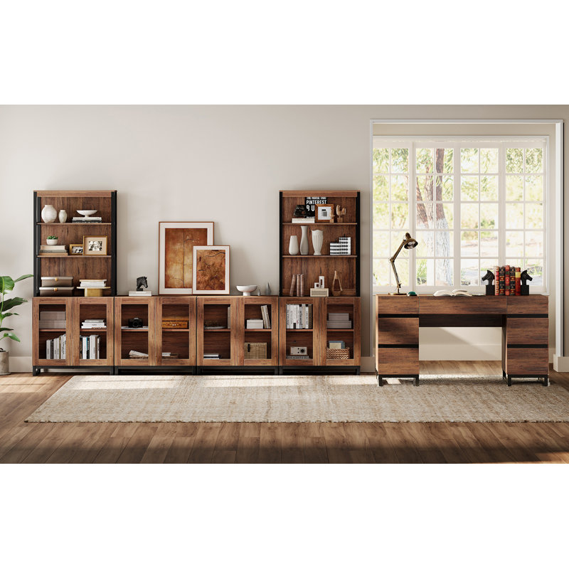  Home Office Set: 59" Modern Desk With Charging Station And Storage Cabinet, Two 72" Tall Bookcases With 3 Tiers And 4 Cabinets, Wood Computer Desk And Storage Cabinet For Work Study