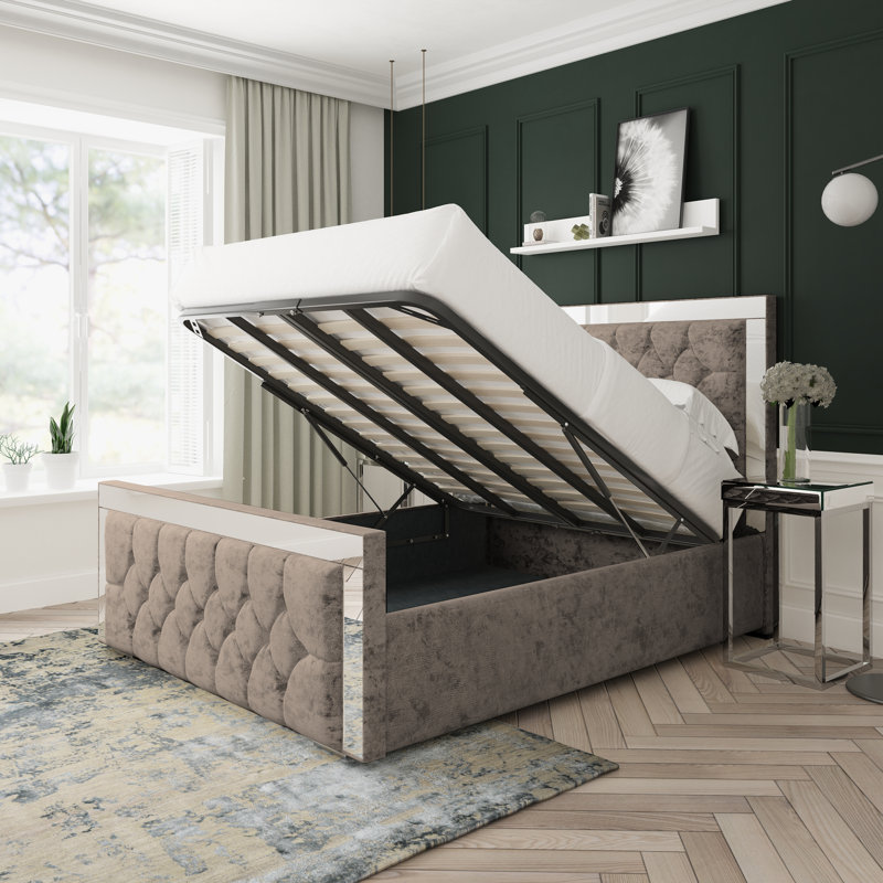 Sage Crushed Velvet Upholstered Ottoman Bed Frame, Mink, Single (3')