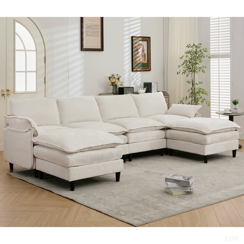 Modular Sofa,U Shaped Cloud Couch Comfy Set ,6-Seater, 2 Armrest Pillows,Convertible Sectional  Couch, Living Room,Apartment, Chenille(2 Movable Ottoman) (Sectional)