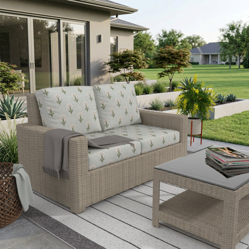 Henri Outdoor Loveseat With Sunbrella Cushions, Mira Celeste