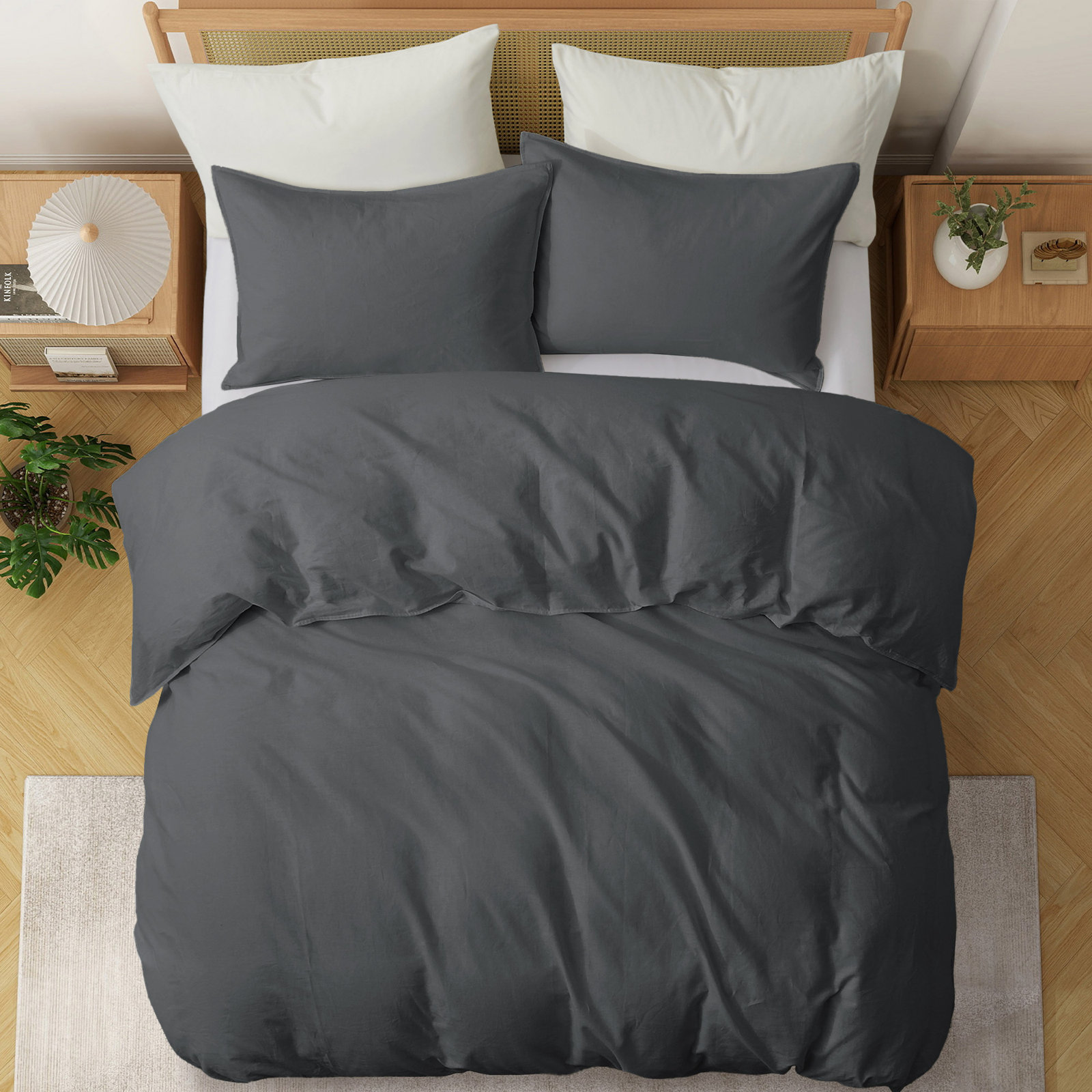 Boseman 100% Linen Duvet Reversible Duvet Cover Set, Twin Duvet Cover + 1 Standard Pillowcase, Charcoal Gray