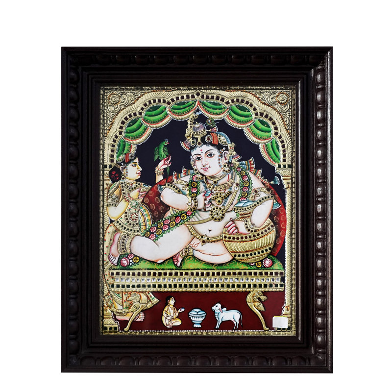 Bala Krishna savourant le beurre | Tanjore, peinture avec cadre | Couleur traditionnelle avec or 24 carats