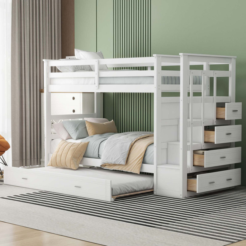 Bunk Bed With Trundle And Staircase,, White