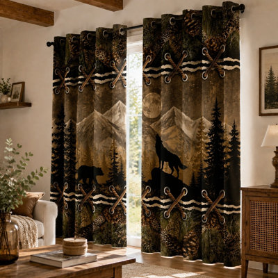 2 pièces Rustic Forest Wolf Bear Moon Landscape