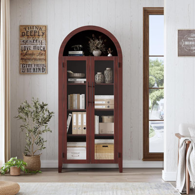 Bibliothèque de 63 po de hauteur avec 2 grandes portes en verre, armoire de rangement à 5 niveaux avec tablette ajustable Farmhouse, pour salon, salle à manger, cuisine, noyer