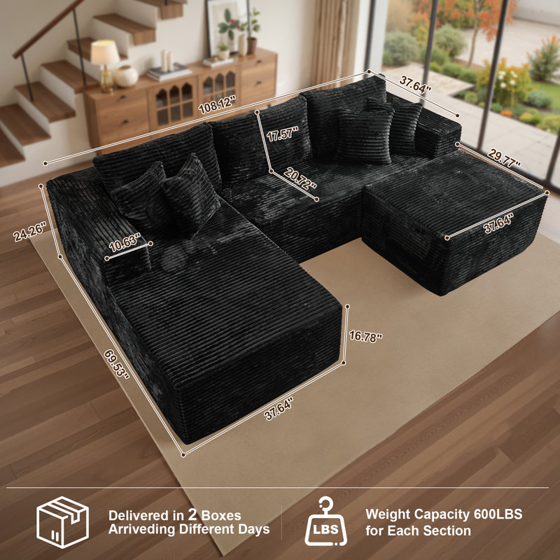 Navarrie 2 - Piece Upholstery Boneless Compression Sofa, No Assembly Required Sectional, Black Plus Corduroy