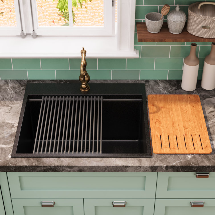 Deervalley 25"×22" Rectangular Drop in Quartz Composite Single Bowl Kitchen Sink with Accessories