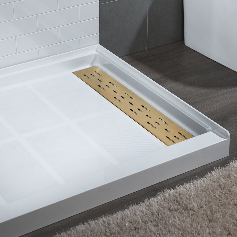 60" W x 32" D Solid Surface Single Threshold solid surfce Shower Pan Base with Drain Assembly & Drain Cover Included, Non-Slip