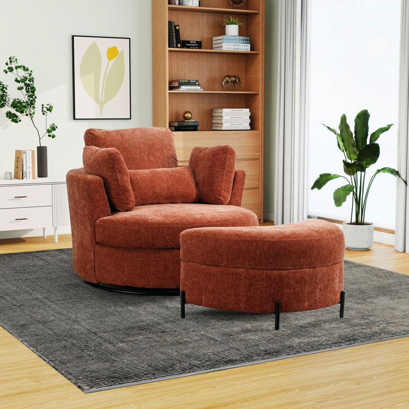 Achorn Upholstered Slipcovered Swivel Barrel Chair with Ottoman, Terracotta Chenille