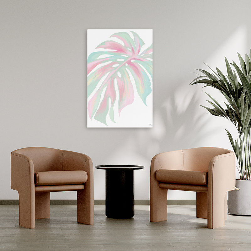 Pastel de Monstera - feuille de pastel tropical rose et vert abstrait, H 36 po x l 24 po