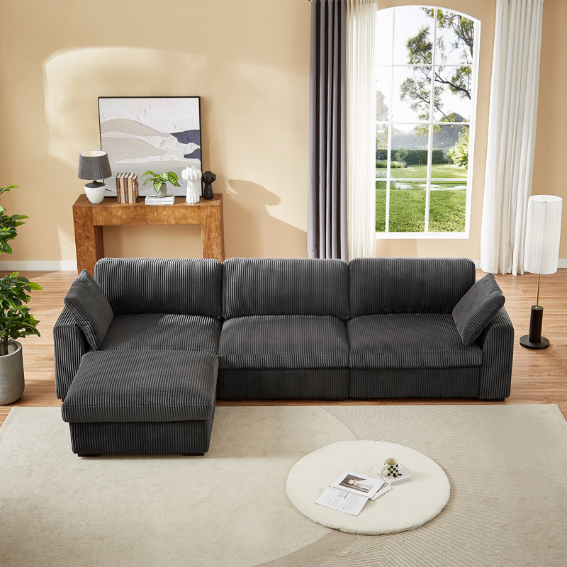 130" Modular Oversized Sectional Sofa with Movable Ottoman and Washable Zippered Pillows and Back Cushions