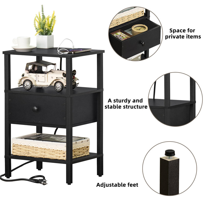 3-Tier Nightstand with Charging Station & USB Ports(Set of 2)