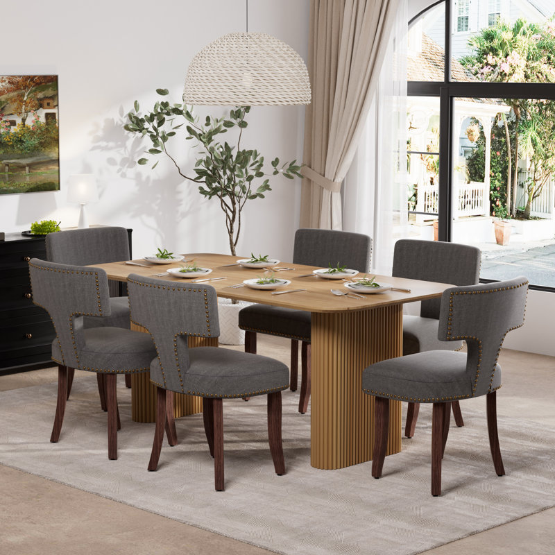 Ensemble de salle à manger rectangulaire en bois avec chaise rembourrée, 7, Blanc, Gris