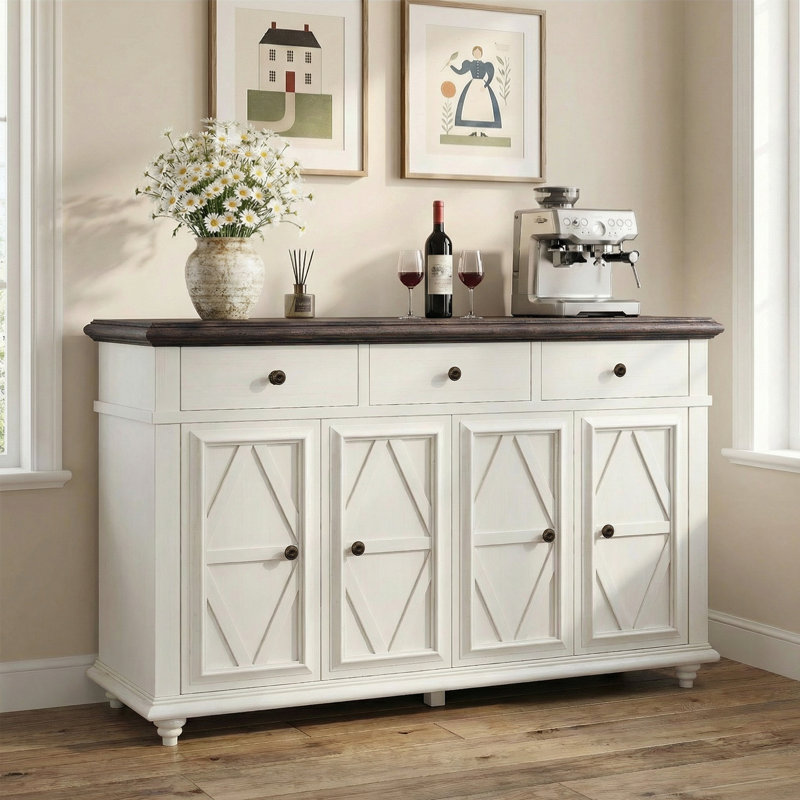 Saskia 4-Door 3-Drawer Sideboard With Farmhouse Design, White/Brown