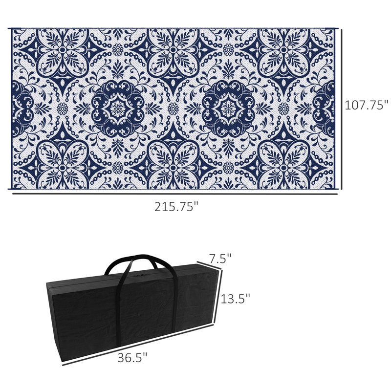 Tapis d'extérieur réversible, 9 pi x 18 pi, tapis de paille en plastique polypropylène imperméable, motif floral bleu et blanc, avec sac de transport pour le camping, le pique-nique, la plage, la cour arrière, la terrasse portative, le camping-car