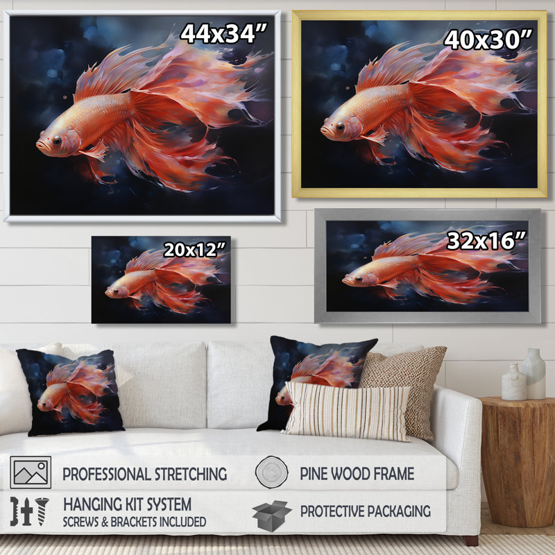 Vibrant rouge Betta poisson majestueux queue - poisson Art mural, H 12 po x l 20 po, Toile flottante blanche encadrée