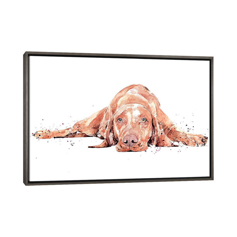 Vizsla Flat Out par EdsWatercolours - Imprimé, Toile encadrée de bois rustique foncé, Pas de tapis