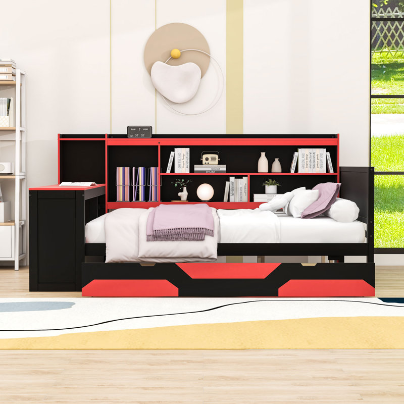 Lit de jour avec espace de travail intégré, alimentation intégrée et éclairage personnalisable, Grand lit, Noir / Rouge