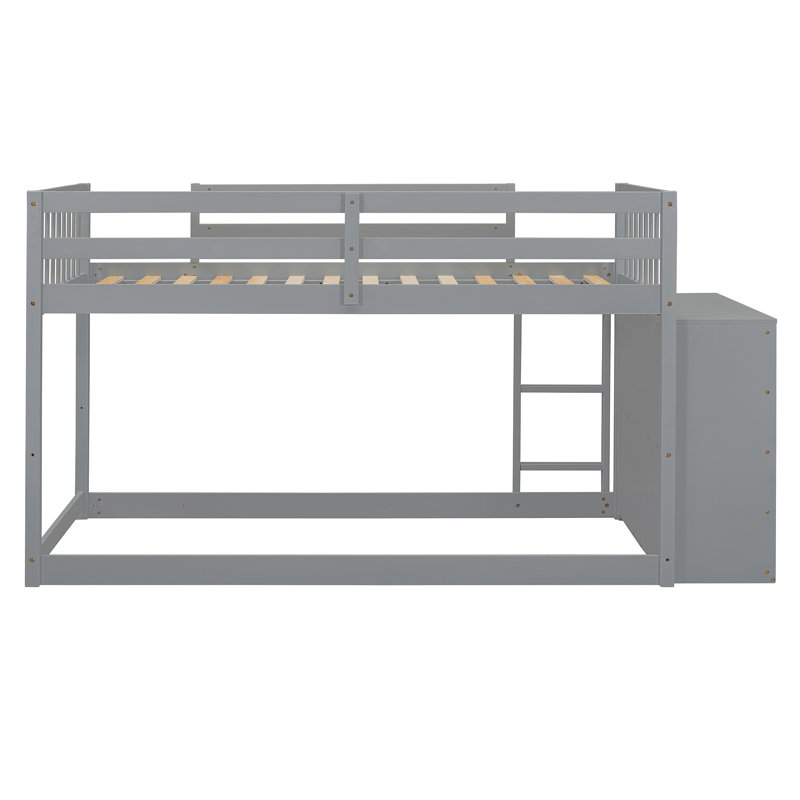 Low Bunk Bed with Storage Drawers and Shelves, Twin Over Twin, Gray