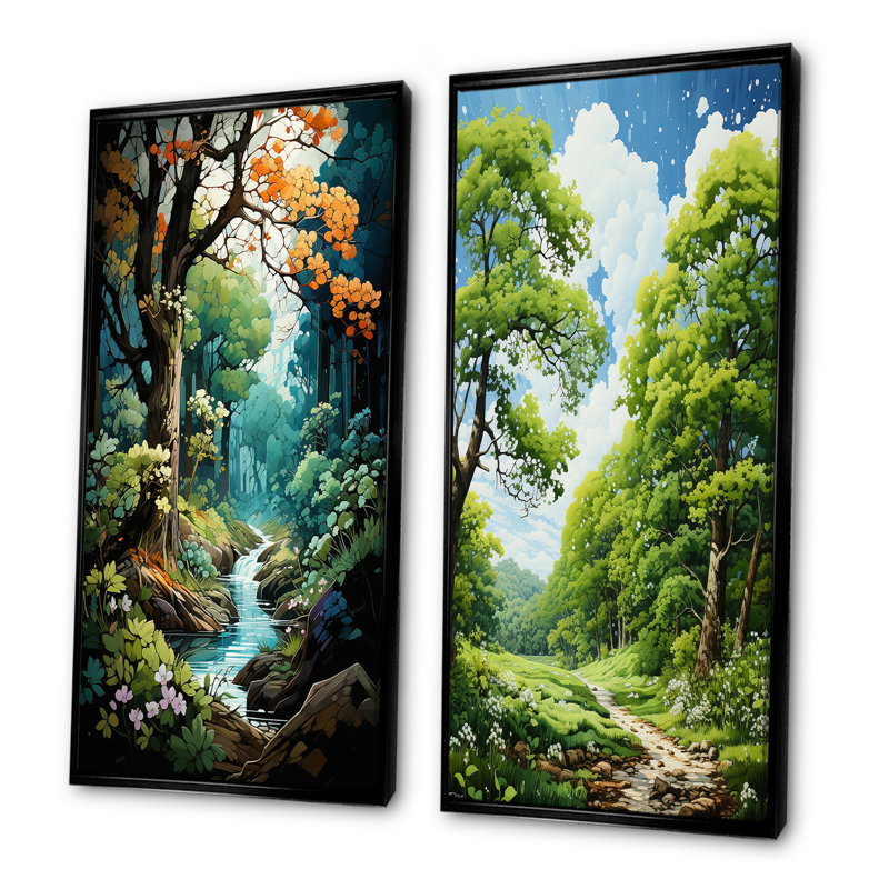 «Green Tree Oak Enchantment» - Ensemble de 2 impressions sur toile de chêne vert, Cadre flottant noir, H 28 po x l 25 po