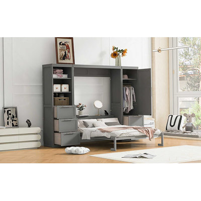 Queen Size Murphy Bed Wall Bed With Closet ,Drawers And Shelves