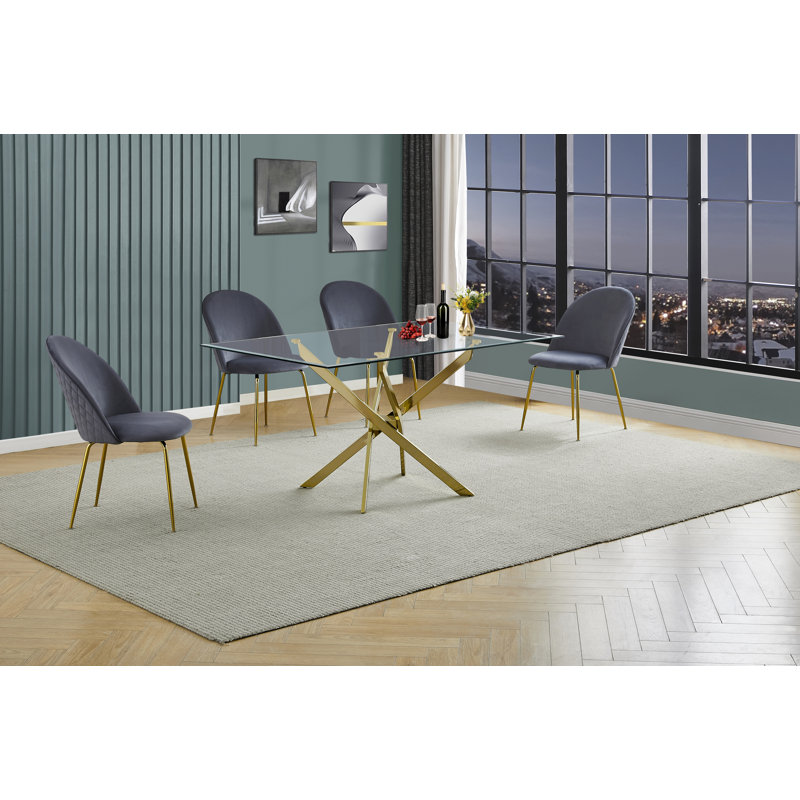 Ensemble de salle à manger en verre avec chaises d'appoint rembourrées et base en chrome doré, 5, Gris/doré