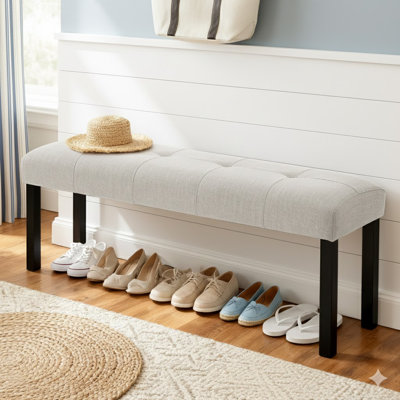 Banc élégant et moderne avec revêtement en lin capitonné et pieds en bois noir - Siège de ferme polyvalent pour salle à manger, couloir, chambre à coucher en beige