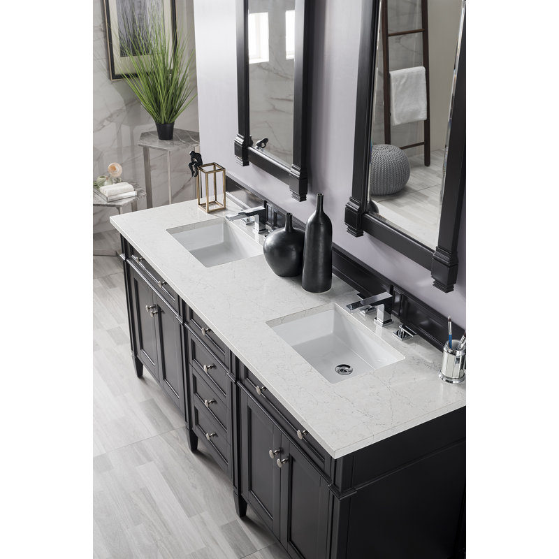 Brittany 72" W Double Vanity, Eternal Jasmine Pearl, 8" Widespread, Black Onyx