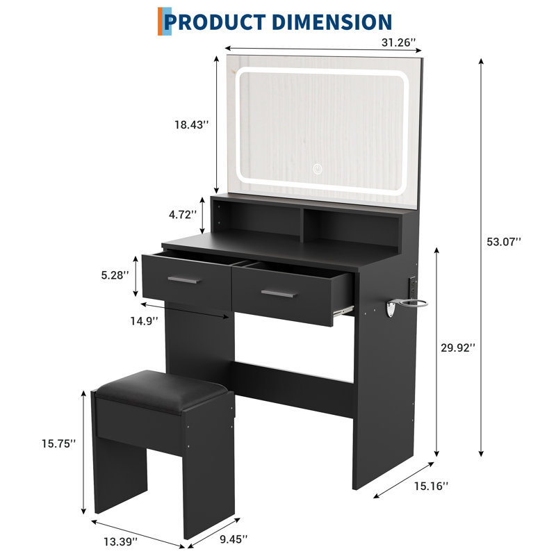Vanity Set With 3-Color Adjustable LED Mirror And Power Outlet, Black
