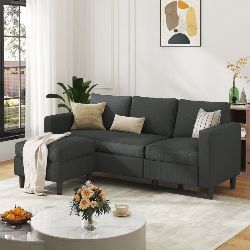 Roshod 73.6" Upholstered Sofa Couch with Ottoman, Dark Gray Corduroy