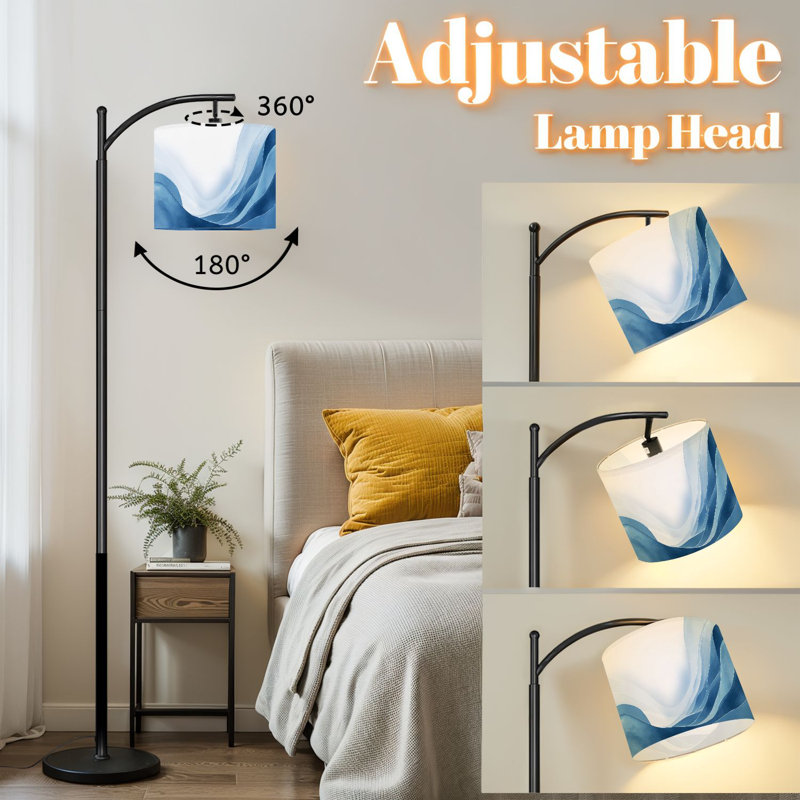 Arc Floor Lamp with Adjustable Lampshade Abstract Blue Waves Soft Gradient Flowing Standing Lamp 3 Color Temperatures Dimmable Tall Pole Lamp with Foot Switch for Bedroom