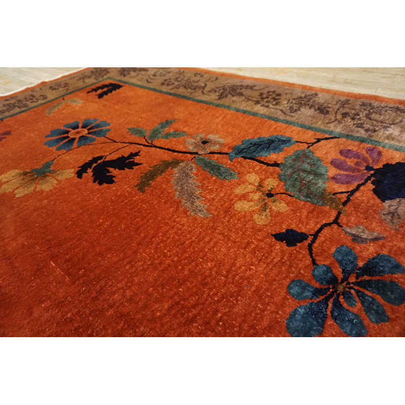 Antique Chinese Art Deco Wool Yellow / Gold Orange Hand Knotted Pile Rug
