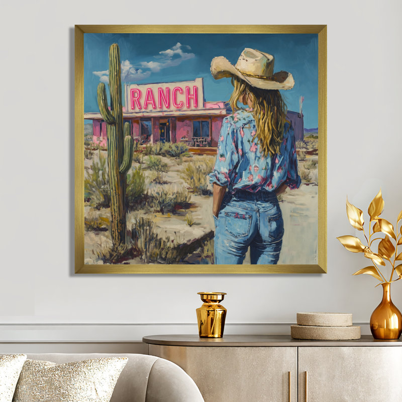 " Desert Ranch Cowgirl ", 44" H x 44" W, Gold Picture Framed