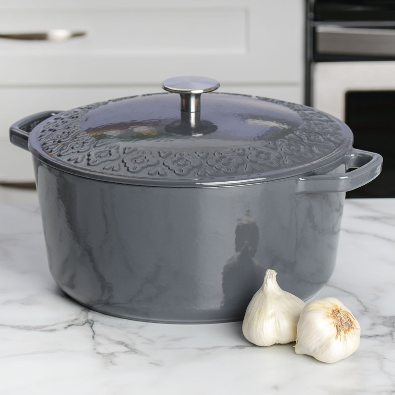 Casserole en fonte émaillée safran avec couvercle Spice par Tia Mowry Savory, 6 pintes, bleu sarcelle, Gris anthracite
