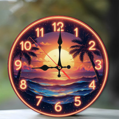 Horloge de style néon avec vue sur l'océan au coucher du soleil