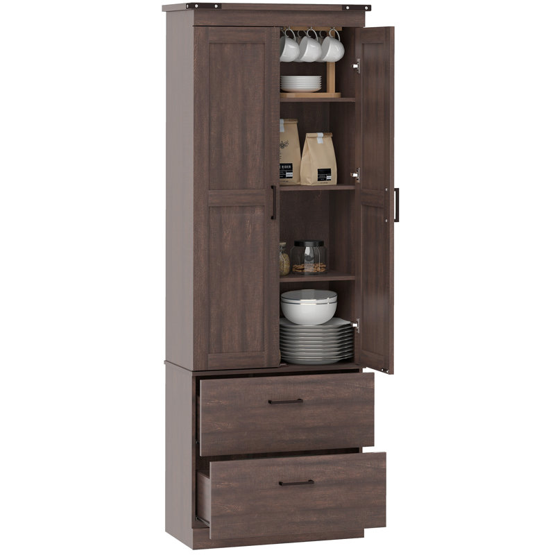 Armoire de cuisine de 67 po de hauteur avec tablettes réglables, Brun