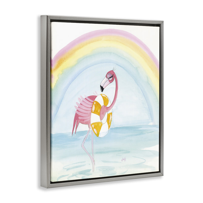 «Summer Beach Flamingo», art mural encadré par Stellar Design Studio, H 31 po x l 25 po, Cadre flottant gris lustré