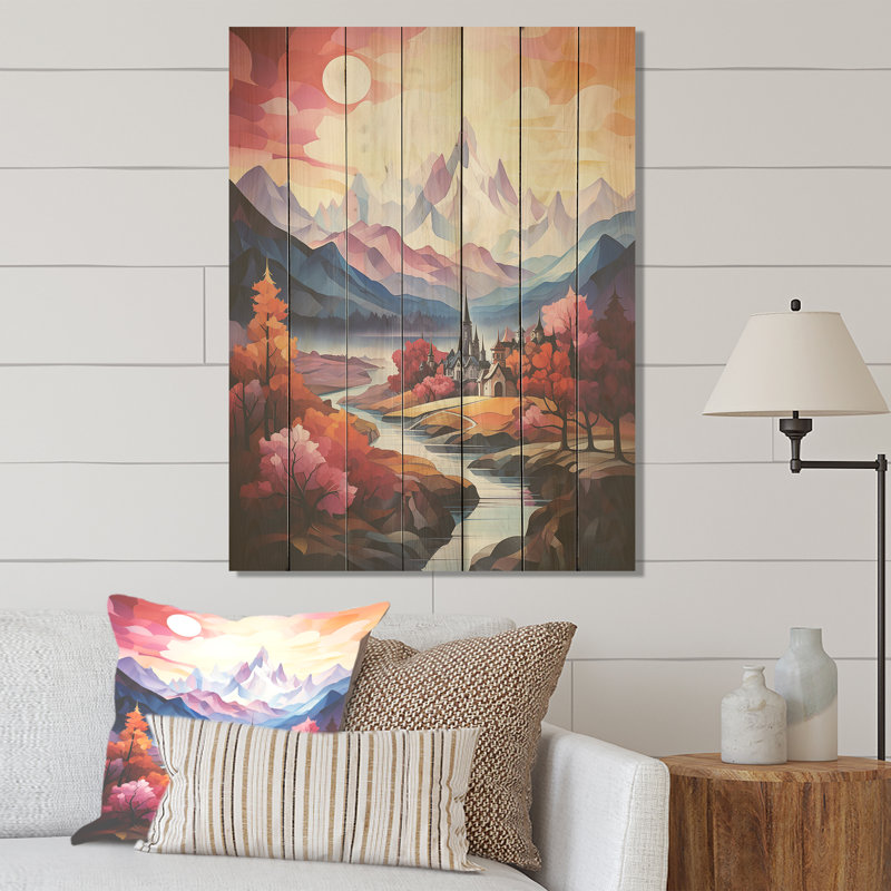 Paysage romantique majestueux II - Paysage romantique sur bois, H 20 po x l 10 po