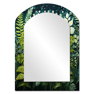 Ferns Plant Ethereal Whispers II - Ferns Arch Unique Wall Mirror Decor, Green Asymmetrical Large Mirror, Printed Metal Art