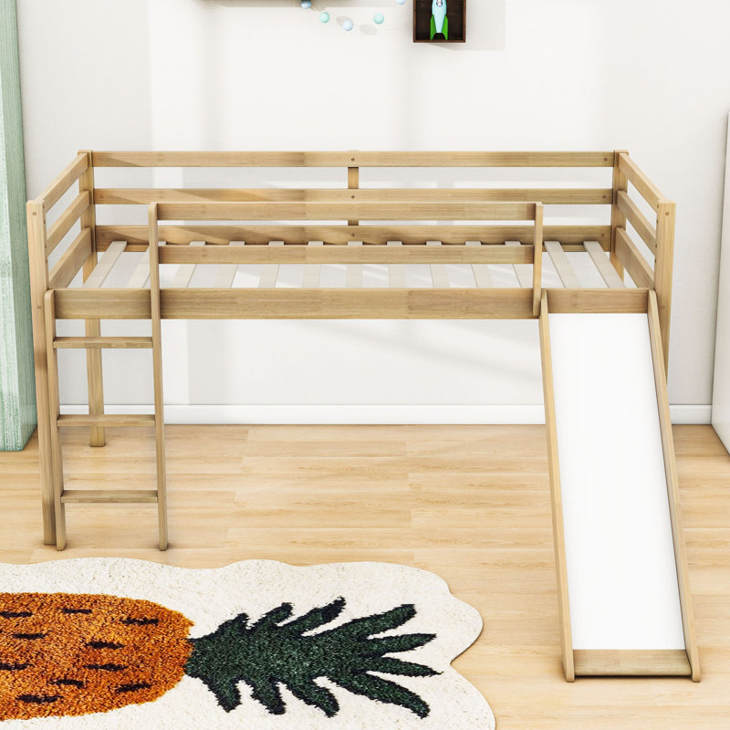 Lit mezzanine simple en bois avec glissade et barrières de sécurité, Blanc / Chêne
