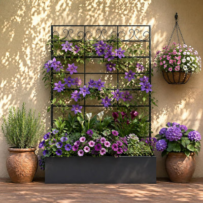 Metal Planter Box With Trellis, Outdoor Raised Garden Bed With Privacy Screen For Climbing Plants