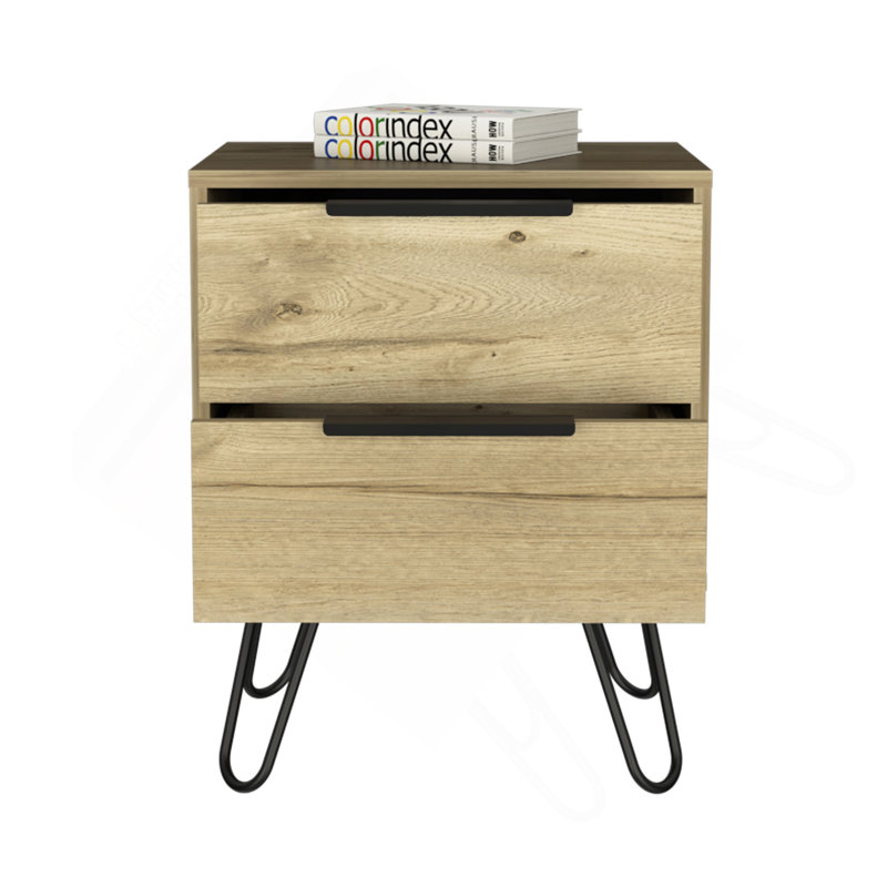 Nuvo Nightstand,Two Drawers, Hairpin Legs, Light Oak