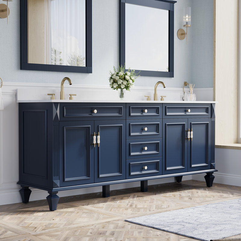 Meuble-lavabo Gamella 80 po L x 35 po H en bois massif, avec comptoir en quartz blanc de Carrare et double lavabo, bleu marine