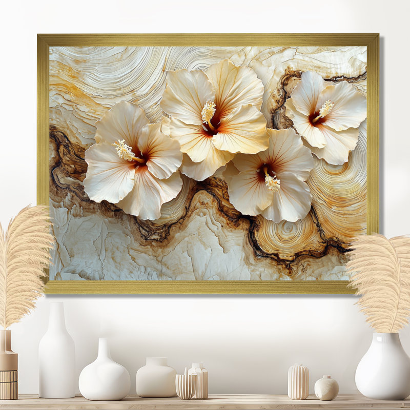 Citronnelle, fleurs d'hibiscus sur fond de marbre crème - art mural hibiscus, H 30 po x l 40 po, Picture Framed Print, Doré