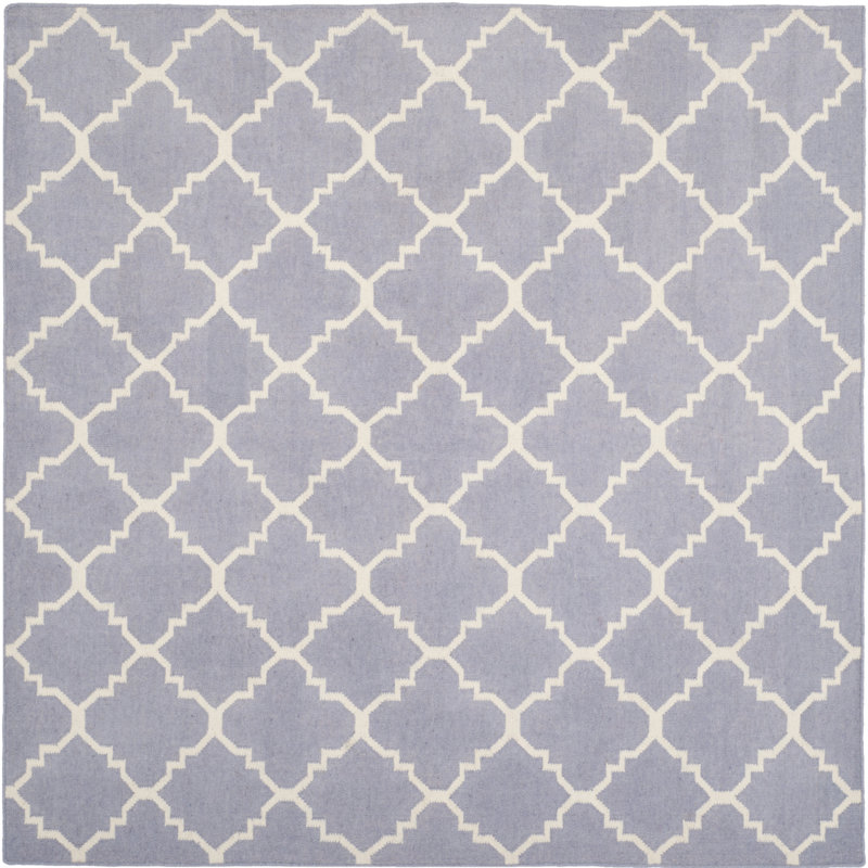 Milltown Hand Woven Flat Weave Wool/Cotton Geometric Rug in Ivory/Purple, Square 6'